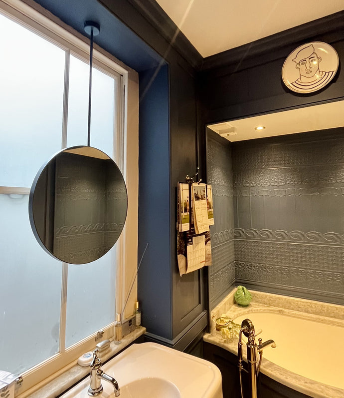 Bespoke round blue suspended bathroom mirror