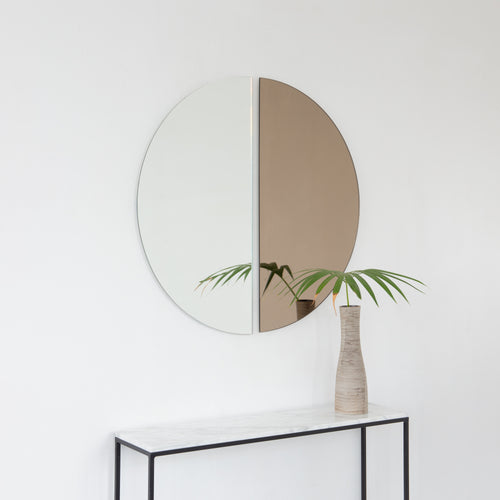 Set of 2 Round Half-Moon Bronze  Silver Tinted Contemporary Frameless Mirrors
