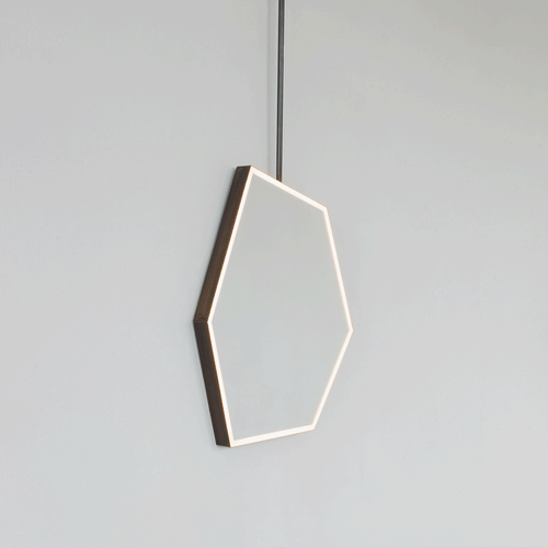 Ceiling Suspended Front Illuminated Irregular Hexagon Mirror with Minimalist Bronze Patina Frame and ON / OFF Sensor Switch