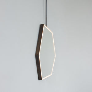 Ceiling Suspended Front Illuminated Irregular Hexagon Mirror with Minimalist Bronze Patina Frame and ON / OFF Sensor Switch
