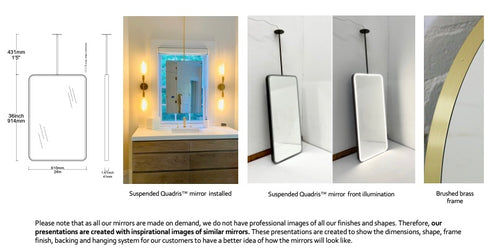 Set of 2 bespoke Suspended Quadris™ Mirrors Brushed Brass Frame 1 Rod Front Illumination Double-Sided (914 x 610 x 41mm)
