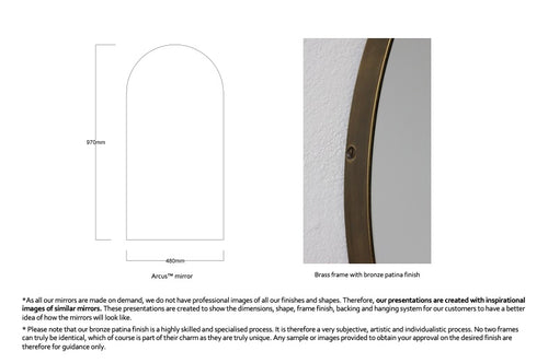 Bespoke Arcus™ Mirror Standard Silver Mirror Tint BrassFframe With Bronze Patina Frame Finish   (970 x 480 x 18mm)