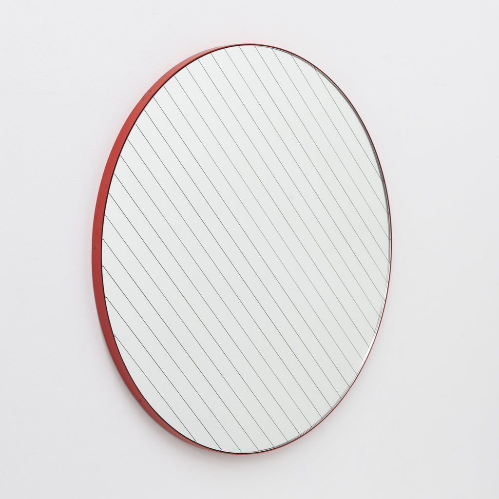 Orbis Linus Round Sandlasted Lines Mirror with Modern Red Frame