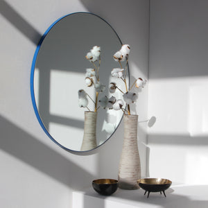 Orbis™ Round Minimalist Mirror with a Modern Blue Frame