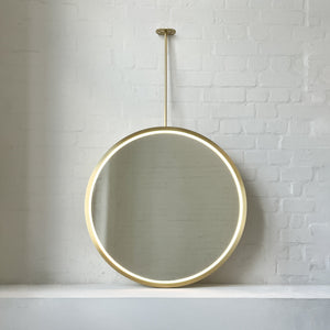 Ceiling Suspended Orbis™ Illuminated Mirror with Full Brass Frame
