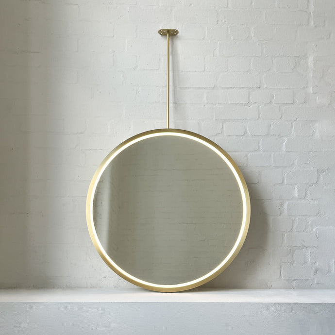 Ceiling Suspended Orbis™ Illuminated Mirror with Full Brass Frame