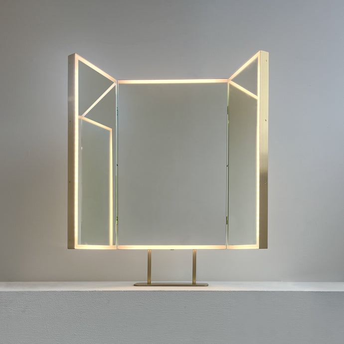 NEW Countertop Triptych Mirror with Front Illumination and Brushed Brass Frame