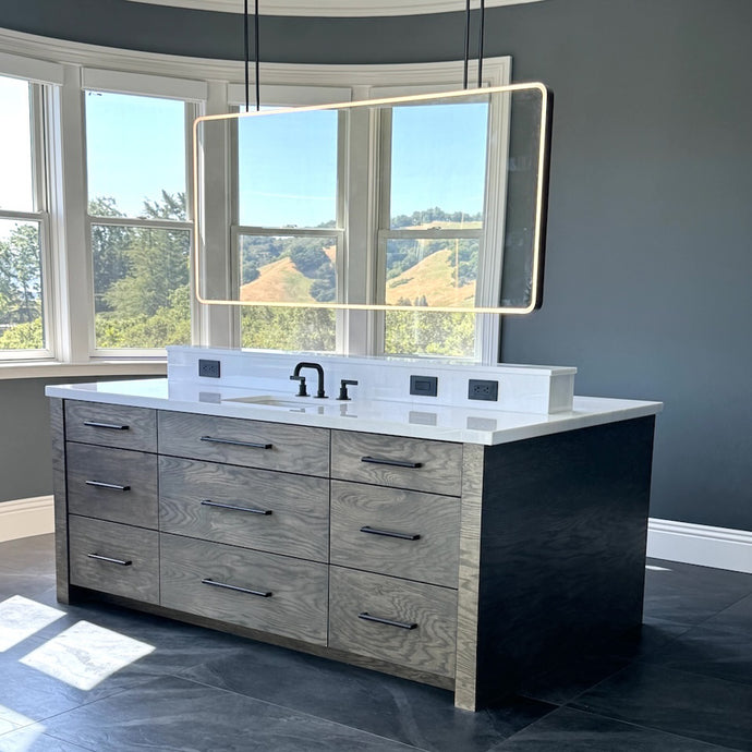 Oversized Ceiling Suspended Quadris™ Bathroom Island Mirror