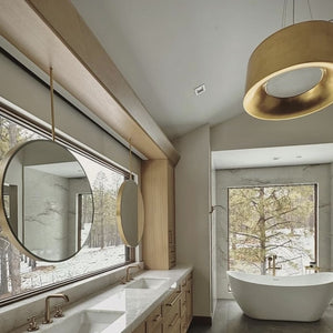 Pair of two Round Ceiling Suspended Illuminated Mirrors with a Brass Frame