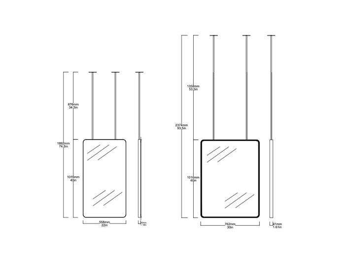 Set of 2 Bespoke Suspended Quadris™ Mirrors Matte White Powder Coated Minimalist Frame 1x Back Illumination (1016 x 558.8 x 30mm) And 1x Front Illumination (1016 x 762 x 30mm)