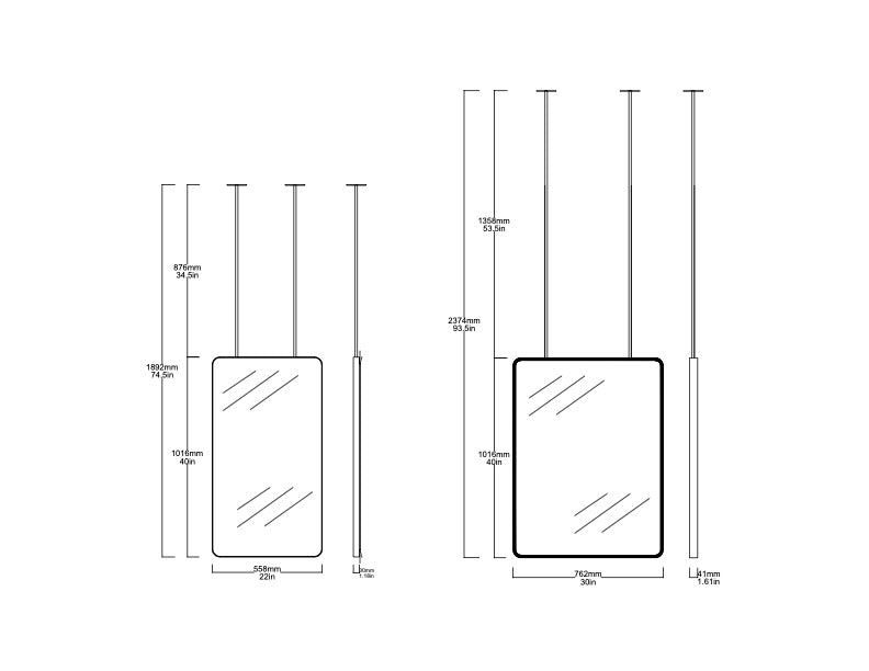 Set of 2 Bespoke Suspended Quadris™ Mirrors Matte White Powder Coated Minimalist Frame 1x Back Illumination (1016 x 558.8 x 30mm) And 1x Front Illumination (1016 x 762 x 30mm)