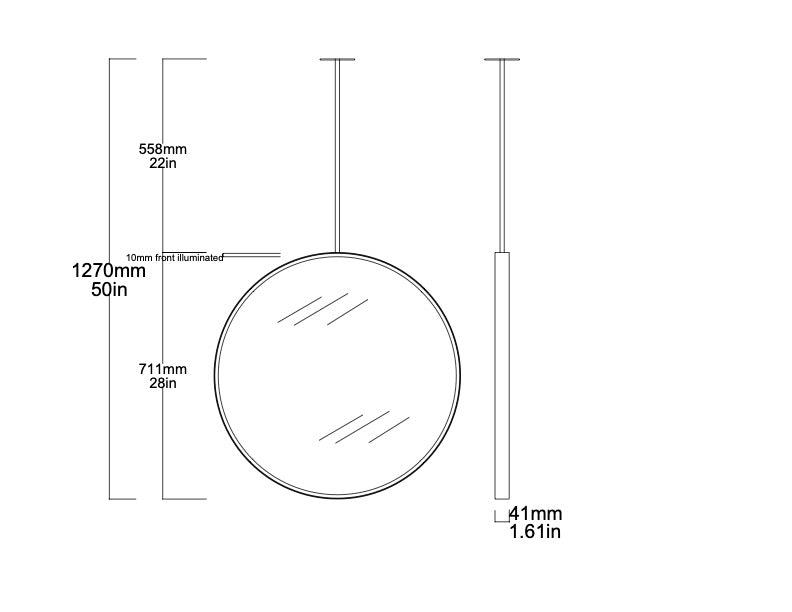 Set of 2 Bespoke Suspended Orbis™ Mirrors Brushed Brass Frame Front Illumination 1 Rod (711.2 x 41mm)