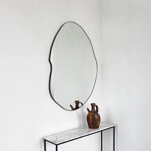 Modern freeform organic shaped mirror with a black powder coated aluminium frame