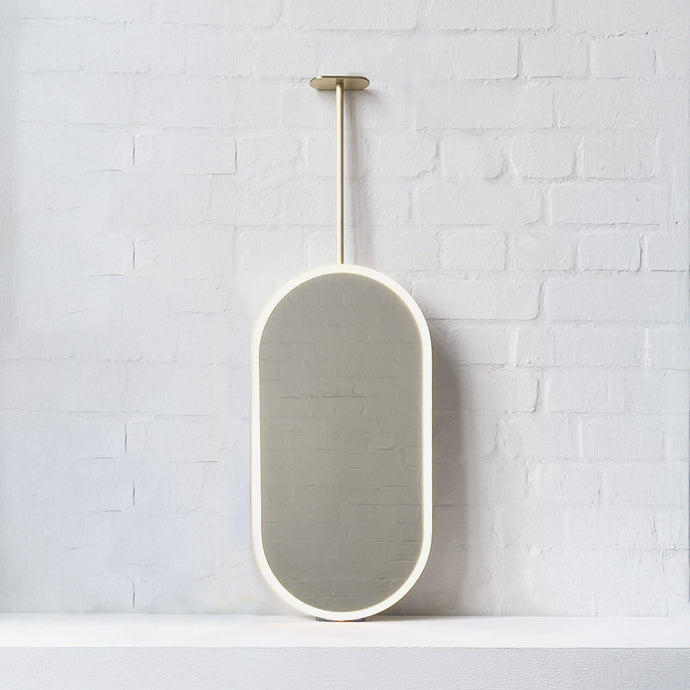 Capsula™ Ceiling Suspended Contemporary Mirror with a Brass Frame and Front Illumination