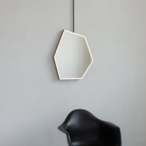 NEW Ceiling Suspended Front Illuminated Irregular Hexagon Mirror with Minimalist Bronze Patina Frame and ON / OFF Sensor Switch