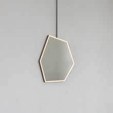 NEW Ceiling Suspended Front Illuminated Irregular Hexagon Mirror with Minimalist Bronze Patina Frame and ON / OFF Sensor Switch