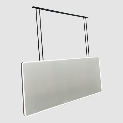 Illuminated Quadris™ Ceiling Suspended Rectangular Bathroom Island Mirror, Blackened Metal Frame