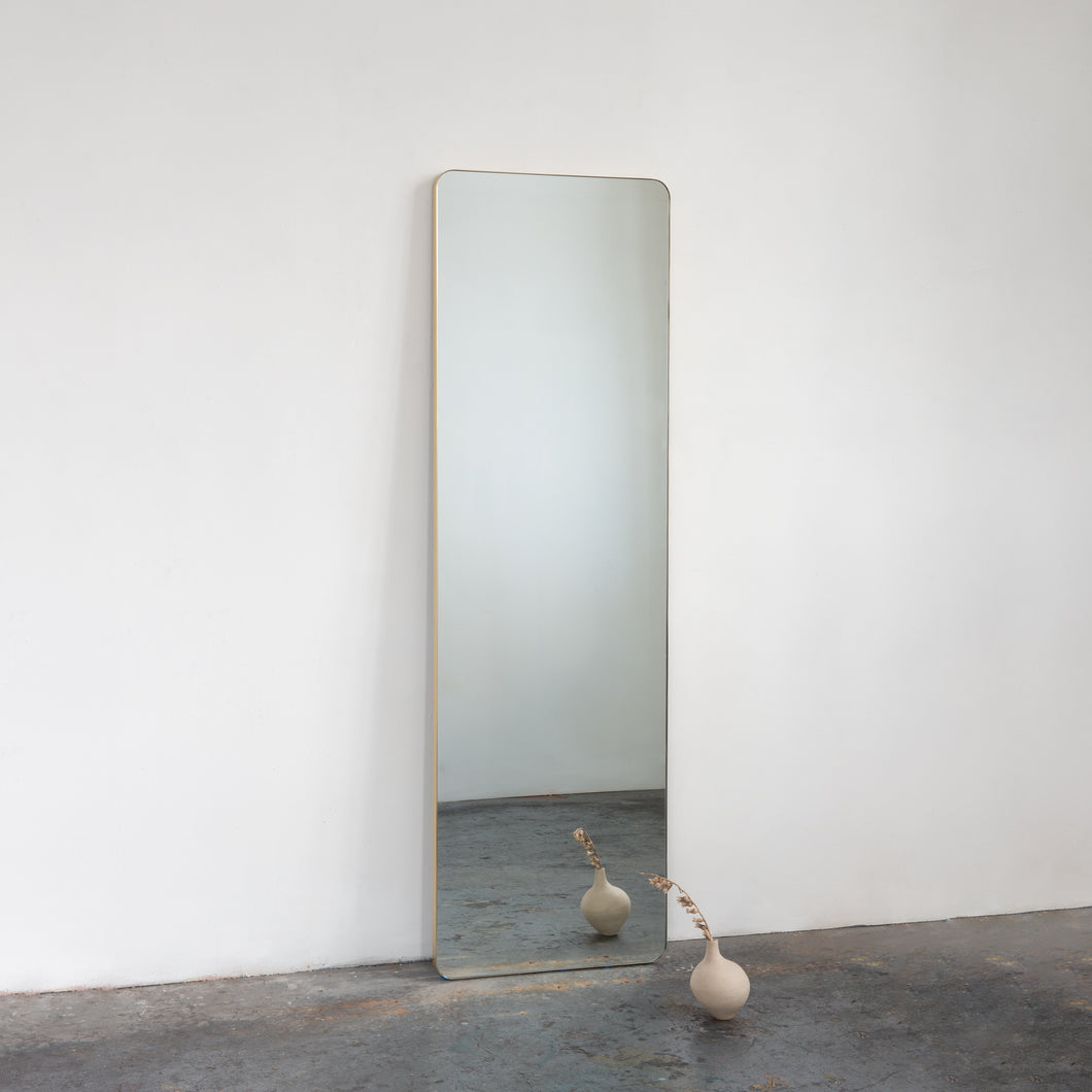 Oversized Quadris™ Wall leaning and Wall Hanging Rectangular Mirror, Brass Frame