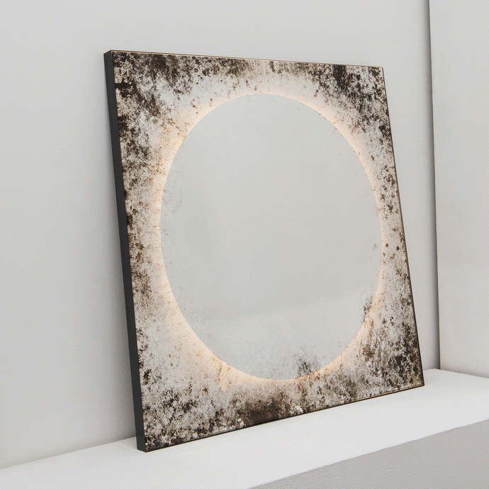 Sunrise™ Antiqued and Finely Etched Illuminated Mirror with Blackened Metal Frame