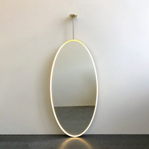 Ovalis™ Illuminated Ceiling Suspended Contemporary Oval Mirror with a Brass Frame, Customisable