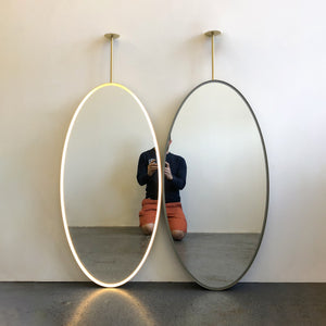Ovalis™ Illuminated Ceiling Suspended Contemporary Oval Mirror with a Brass Frame, Customisable
