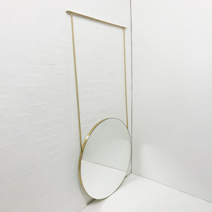 Orbis™ Ceiling Suspended Round Mirror with Brushed Brass Frame and Two Arms