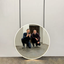 NEW Modern Orbis™ Illuminated Ceiling Suspended Round Mirror with Black Frame