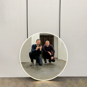 NEW Modern Orbis™ Illuminated Ceiling Suspended Round Mirror with Black Frame