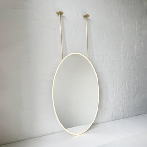 Ceiling Suspended Front Illuminated Oval Mirror, Brass Frame