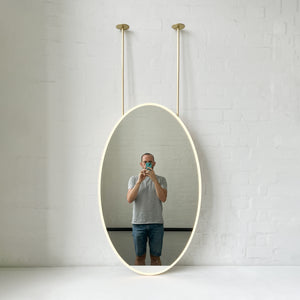 Ceiling Suspended Front Illuminated Oval Mirror, Brass Frame