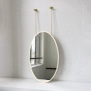 Ceiling Suspended Front Illuminated Oval Mirror, Brass Frame