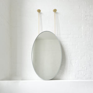 Ceiling Suspended Front Illuminated Oval Mirror, Brass Frame