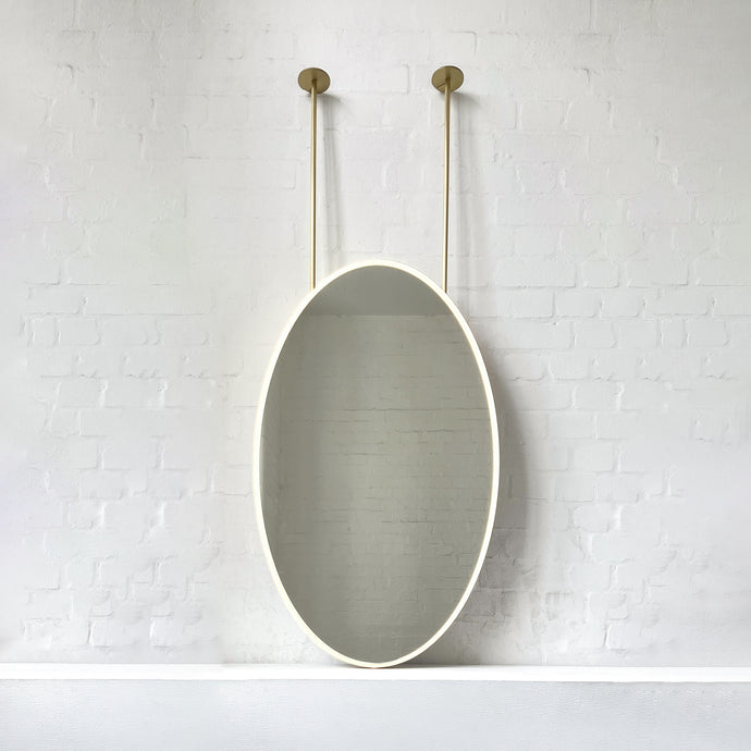 Ceiling Suspended Front Illuminated Oval Mirror, Brass Frame
