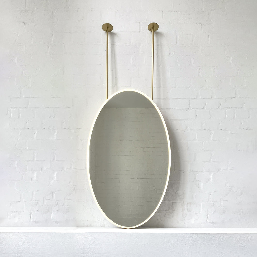 Ceiling Suspended Front Illuminated Oval Mirror, Brass Frame