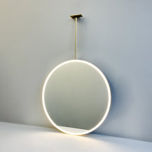 Orbis™ Ceiling Suspended Round Mirror with Brass Frame and Front Illumination