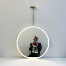 In Stock Orbis™ Ceiling Suspended Round Mirror with Brass Frame and Front Illumination