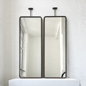 Set of 2 Modern ceiling suspended Quadris™ rectangular mirrors with a handcrafted brass frame with a bronze patina finish