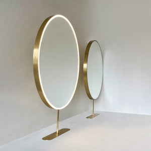 Orbis™ Modern Countertop Round Mirror with Front Illumination and Brass Frame