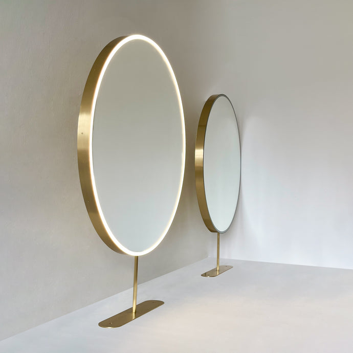 Set of Two Orbis™ Modern Countertop Round Illuminated Bathroom Mirrors with Brass Frame