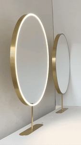 Set of Two Orbis™ Modern Countertop Round Illuminated Bathroom Mirrors with Brass Frame