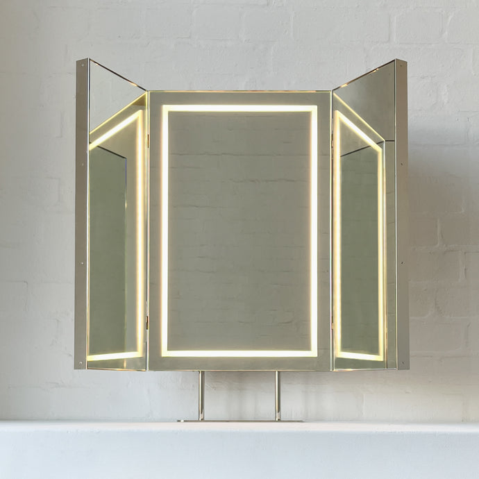 NEW Illuminated Triptych Countertop Mirror with Minimalist Nickel Plated Frame