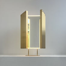 Illuminated Triptych Countertop Mirror with Brushed Brass Frame