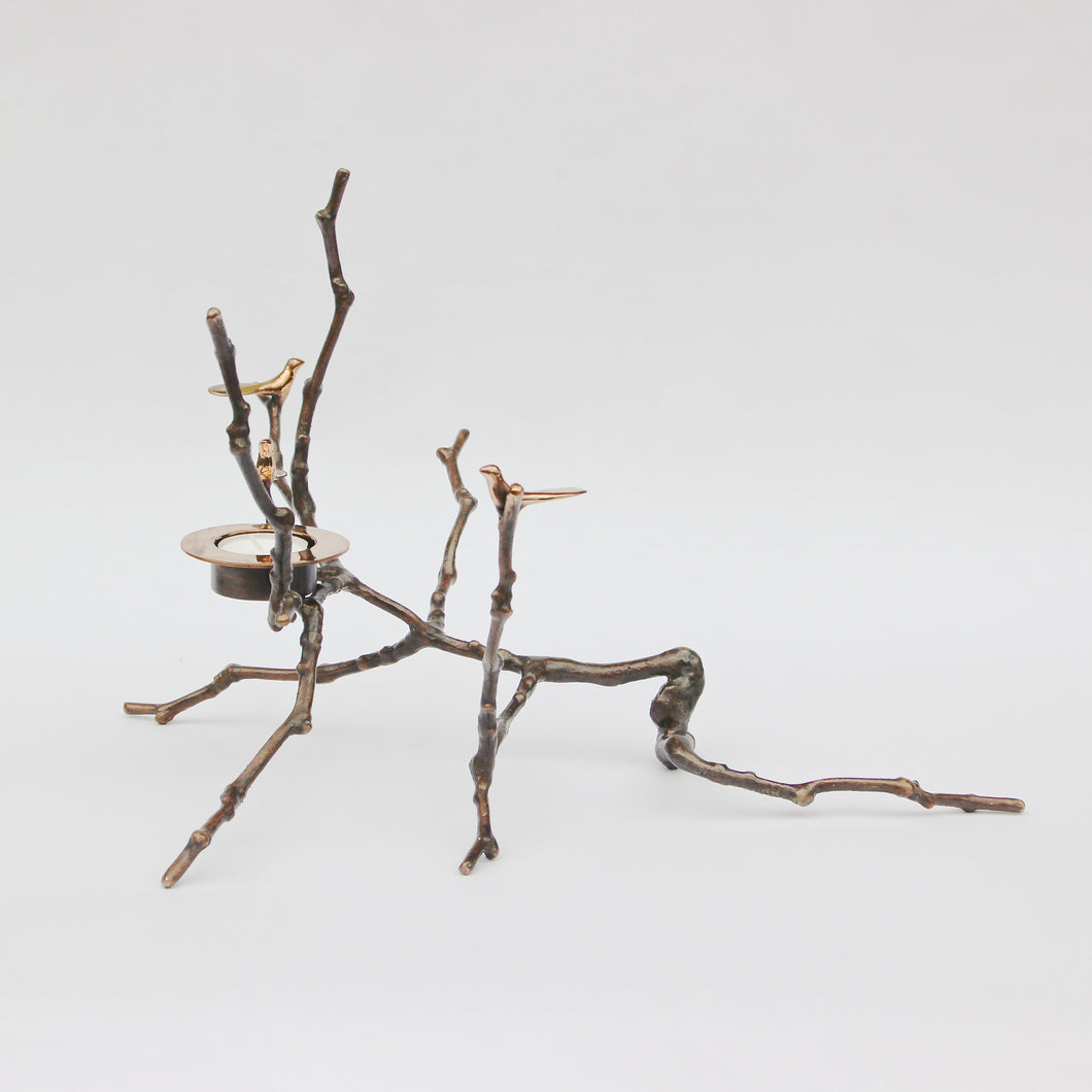 Bronze Cast Magnolia Twig Tealight Holder With Light Patina - Tall