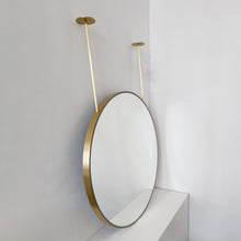 Orbis™ Illuminated Ceiling Suspended Round Mirror with Brushed Brass Frame, Two Arms