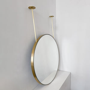 Orbis™ Illuminated Ceiling Suspended Round Mirror with Brushed Brass Frame, Two Arms