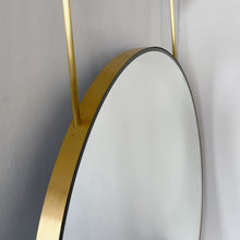 Orbis™ Illuminated Ceiling Suspended Round Mirror with Brushed Brass Frame, Two Arms