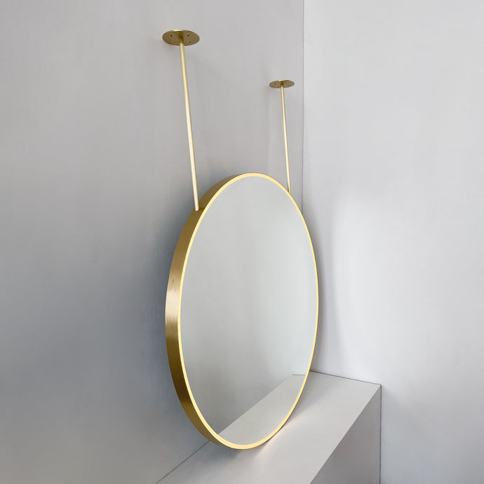 Orbis™ Illuminated Ceiling Suspended Round Mirror with Brushed Brass Frame, Two Arms