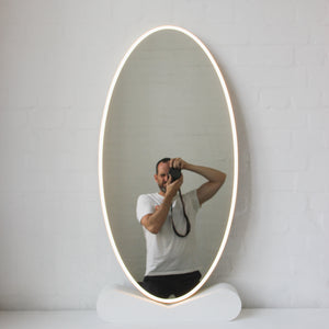 NEW Ovalis™ Oval shaped Front Illuminated Modern Large Mirror with a Brushed Brass Frame