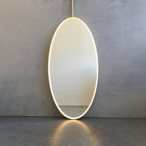 Ovalis™ Illuminated Ceiling Suspended Contemporary Oval Mirror with a Brass Frame, Customisable