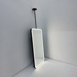 Ceiling Suspended Quadris Illuminated Rectangular Mirror with Minimalist Bronze Patina Frame